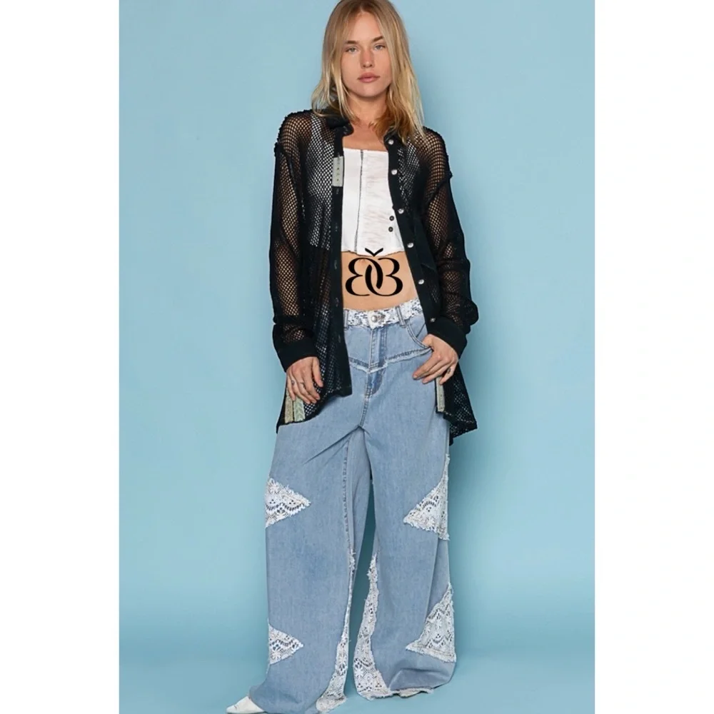 POL Vintage Washed Crochet Patched Straight Wide Leg Slouch Jeans - Picture 15 of 16